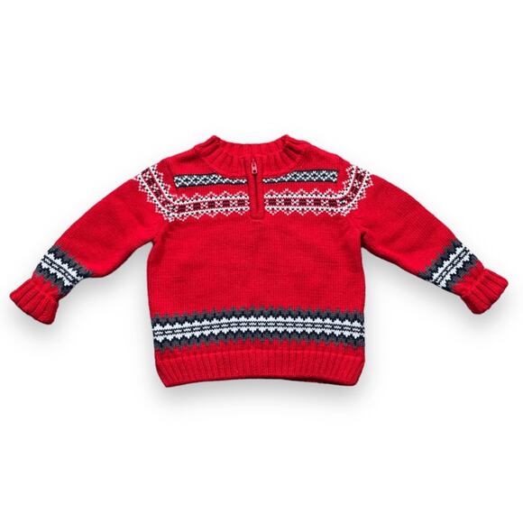 Infant Lands End Sweater Red Fair Isle QuarterZip Mock Neck Knit Size 24 Months - Picture 2 of 8